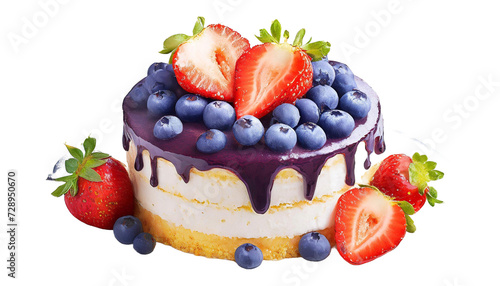 delicious blueberry cake with fresh strawberries isolated on transparent background