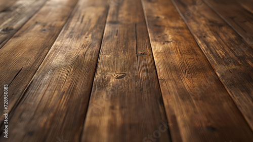 Highlight the authentic wood grain of the rustic wooden plank table top. generative AI