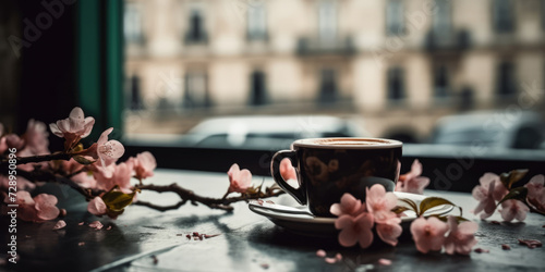Coffee and Flowers. Cup of coffee in cafe and blooming branch of Magnolia. Spring Coffee