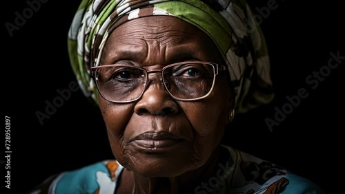 A lady, bespectacled and robust, her face a testament of lived experiences. Sporting a head scarf akin to her African roots, she holds firm to her identity. Her determined gaze guards tales photo