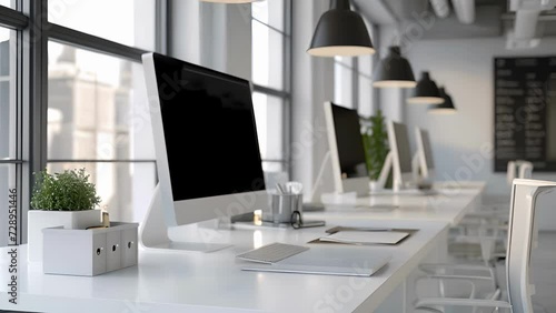 An office space featuring sleek white workstations with slim computer monitors and simple desk organizers. photo
