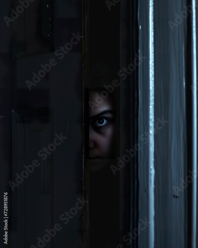 A scared woman hides from the intruder silently behind the door. Woman fearing being discovered by the intruder in a moment of insecurity and fear.