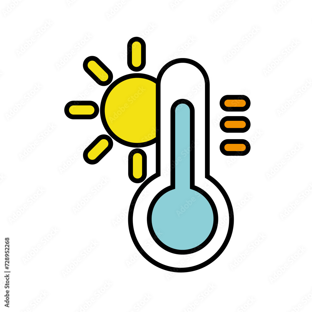 Midsummer thermometer icon. High temperature thermometer and sun. Midsummer thermometer icon. High temperature thermometer and sun.