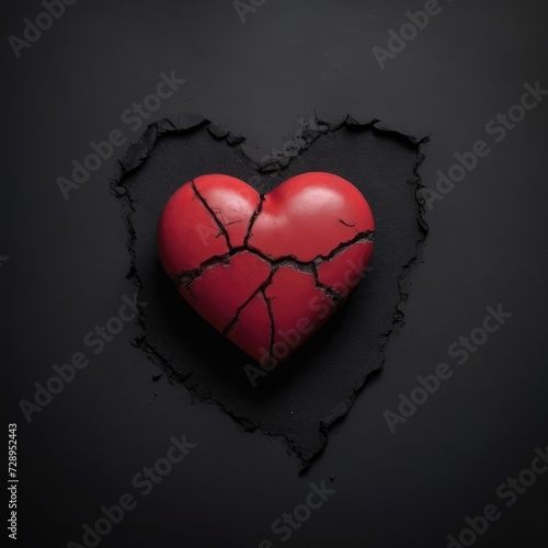 Broken red heart 3d design on black background