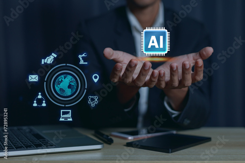 Businessman joining hands with Chatbot AI digital artificial intelligence technology Information and access to information in online networks and global connections technology concept..