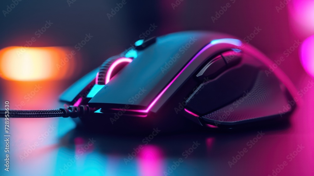close up black mouse on table desk with pink blue light, idea for gaming gear mouse, Generative Ai close up black mouse on table desk with pink blue light, idea for gaming gear mouse, Generative Ai