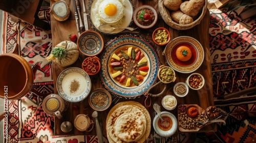 variety of Middle Eastern dishes spread out on a colorful rug