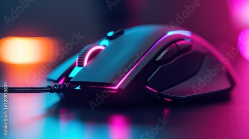 close up black mouse on table desk with pink blue light, idea for gaming gear mouse, Generative Ai