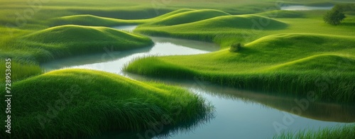 Whispering Waters: Serene Green Grasslands with Meandering Stream