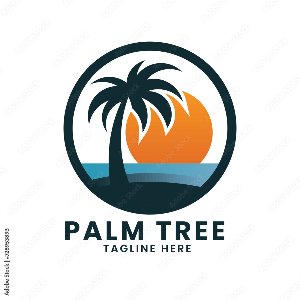 Sunset sea ocean beach logo design.palm tree logo design vector.wave logo design.leaf tree logo design

