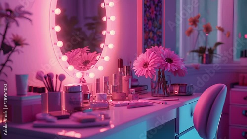 Neon daisy lights illuminating the vanity mirror creating a whimsical makeup corner. photo
