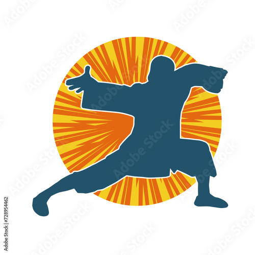 Silhouette of a man in oriental martial art pose. Silhouette of a male in martial art move.