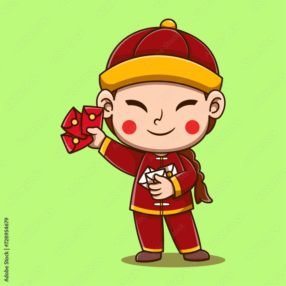 Fototapeta premium Vector Cute Chinese New Year cartoon vector icon illustration people fashion icon concept 