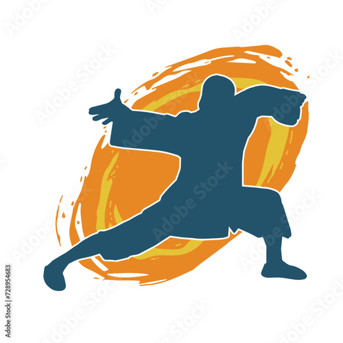 Silhouette of a man in oriental martial art pose. Silhouette of a male in martial art move.