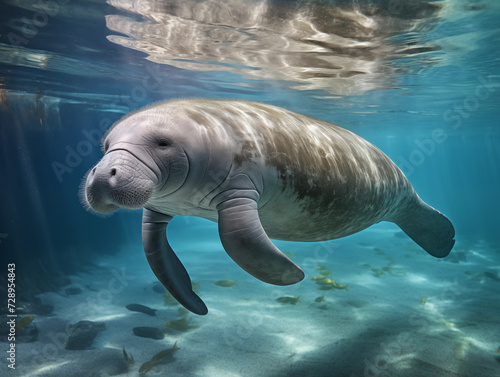 A Manatees swimming in a crystal clear water. Endangered animal. Generative AI © harysxu