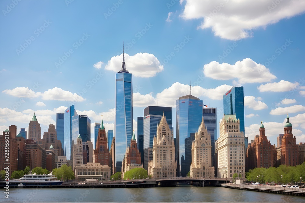 Obraz premium New York City, buildings, city, urban jungle over a river with trees