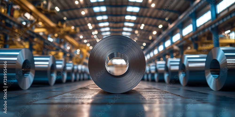 Large aluminum steel rolls in the factory. generative AI - obrazy, fototapety, plakaty 