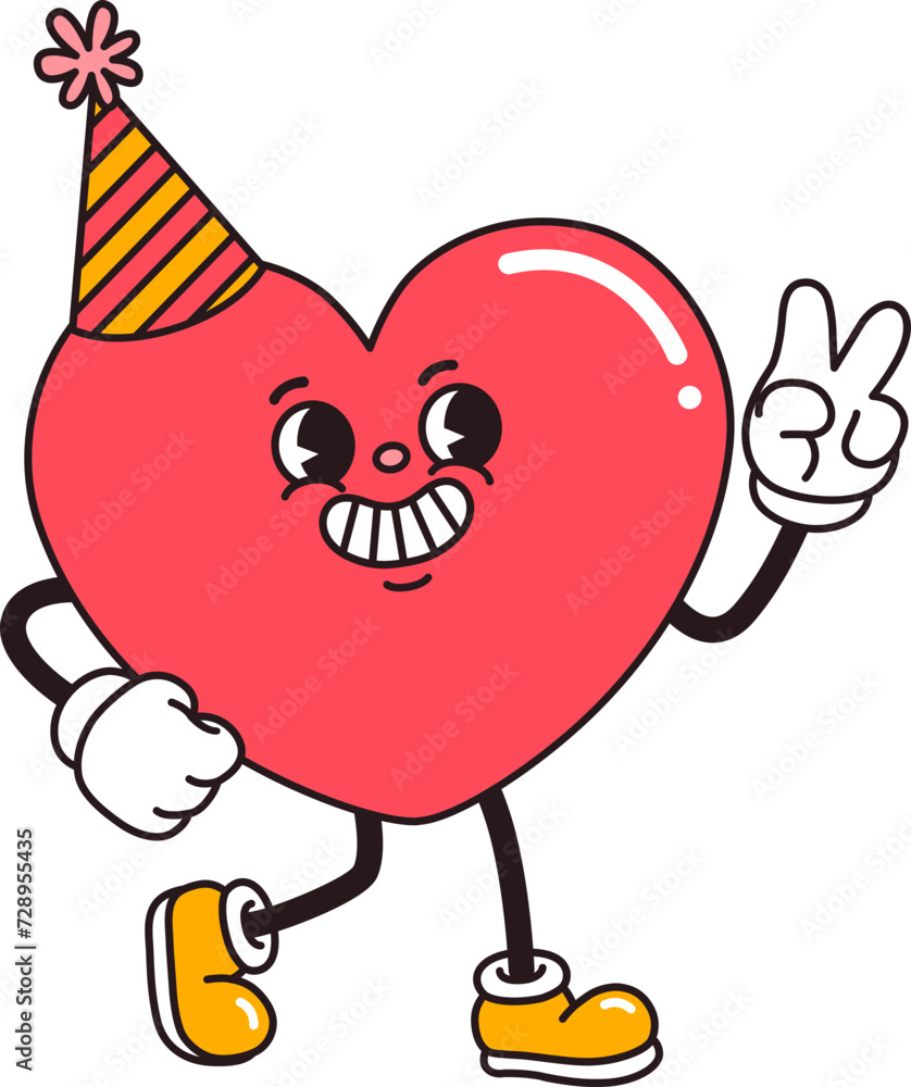Retro Cartoon Heart Character Wearing Party Hats and Making Peace Sign Gesture Retro Cartoon Heart Character Wearing Party Hats and Making Peace Sign Gesture