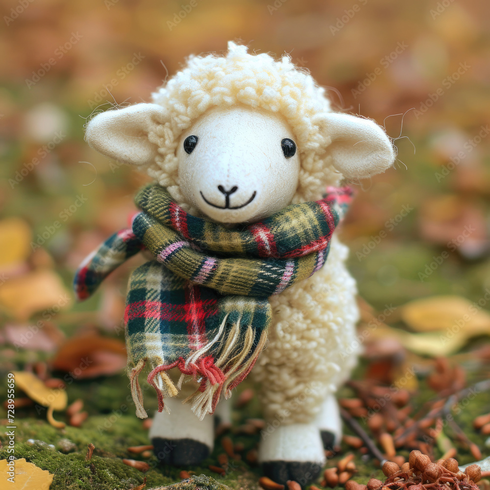 Meadow Serenity: Cream-Colored Sheep Toy with Plaid Scarf