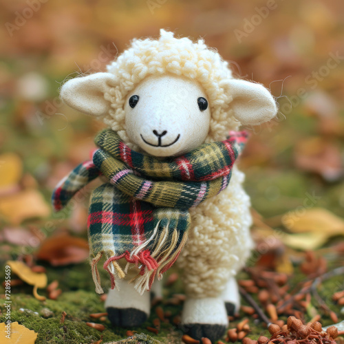 Meadow Serenity: Cream-Colored Sheep Toy with Plaid Scarf