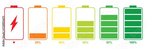 Battery charge many color flat icons. Battery charging, charge indicator. Vector battery power icon powerfully charged. Vector illustration photo
