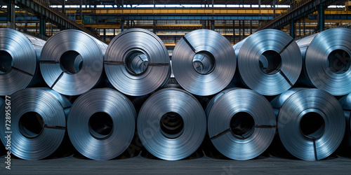 Large aluminum steel rolls in the factory. generative AI
