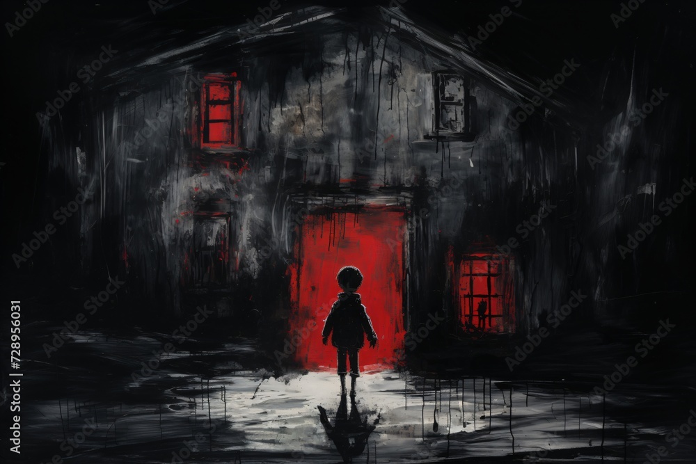 Scary, grunge haunted painting in red and black color