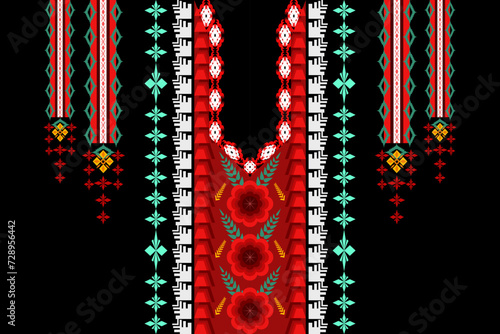 Ethnic neckline embroidery red flower geometric oriental traditional pattern. Native luxury border design for fabric, necklace, border decor, collar elements, textile, ornaments, necktie, printing