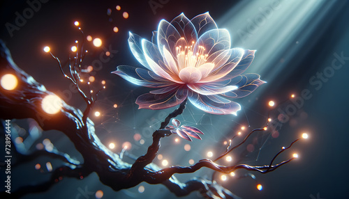 a futuristic  digitally translucent flower with glowing petals blooming on a tree branch against a mysteriously glowing background  rendered in ultra-high definition to highlight the intricate design 