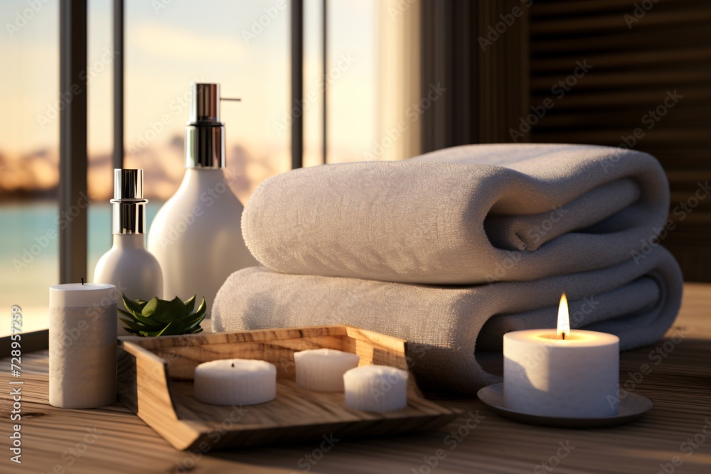 Massage and spa essentials such as towels, oils, scents for rejuvenation and relaxation