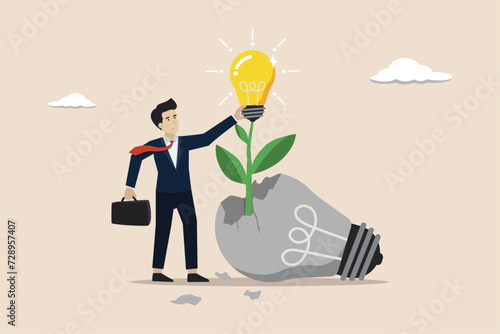Failure to success, learning from mistakes, attempt to create new innovation, cheerful businessman looking at bright light bulb idea plant seeds growing from broken ones.