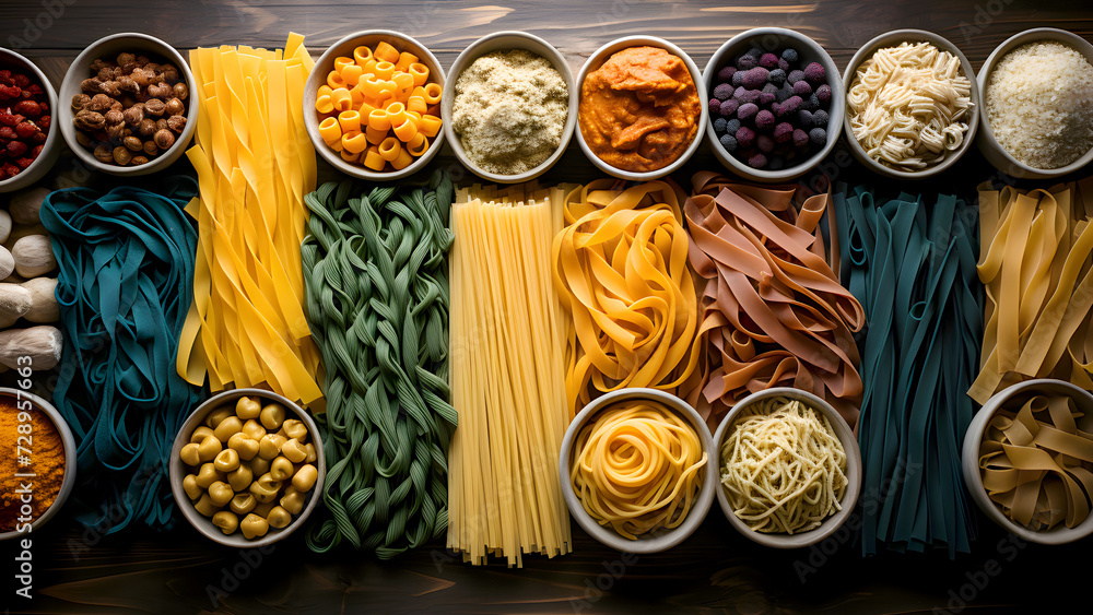 set of different types of Italian pasta, spaghetti and other products on a dark background