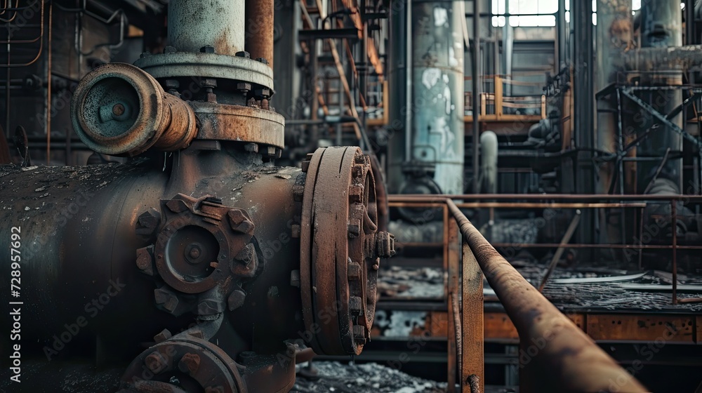 Abandoned industrial factory with rusted equipment and remnants of production