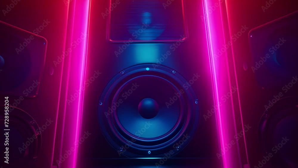 Footage of a speaker in a dark room its surface visibly quivering as it ...