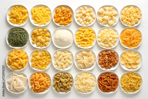 set of different types of italian pasta and spaghetti on white background. top view