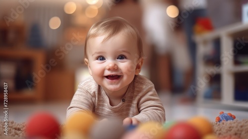 baby toddler playing colorful toys at home or nursery. Newborn baby smiling at camera at play center.