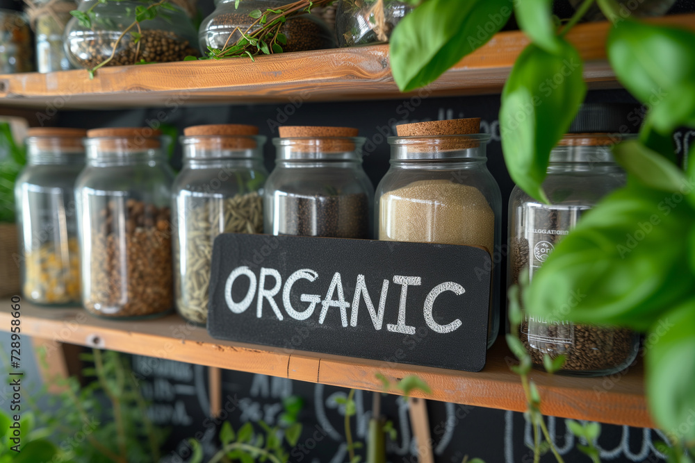 Kitchen shelf with assorted glass jars filled with various organic dry food products and a sign ORGANIC. Organic spices