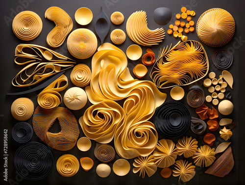 set of different types of italian pasta and spaghetti on a dark background. top view