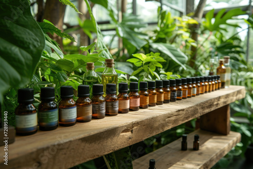 Various essential oil bottles lined up on a rustic wooden shelf amidst lush greenery in a bright greenhouse setting.