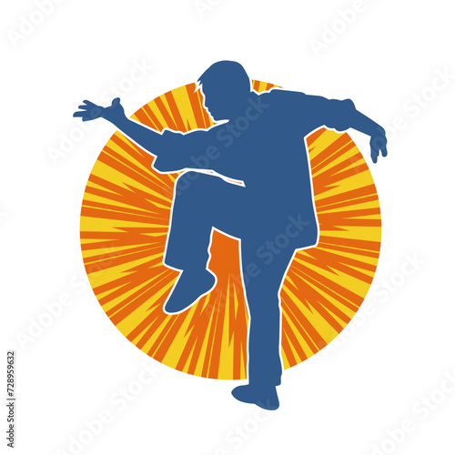 Silhouette of a man in oriental martial art pose. Silhouette of a male in martial art move.
