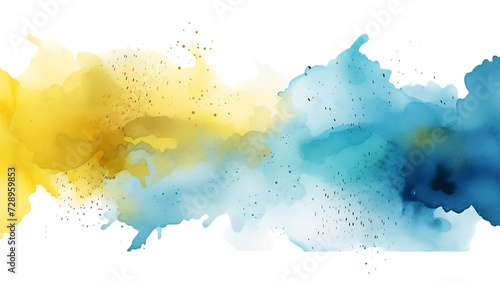 terweaving abstract blocks in hues of blue and yellow created with watercolors. splatter and spray. isolated on transparent background. for poster, wall art, banner, card,  book cover or packaging.