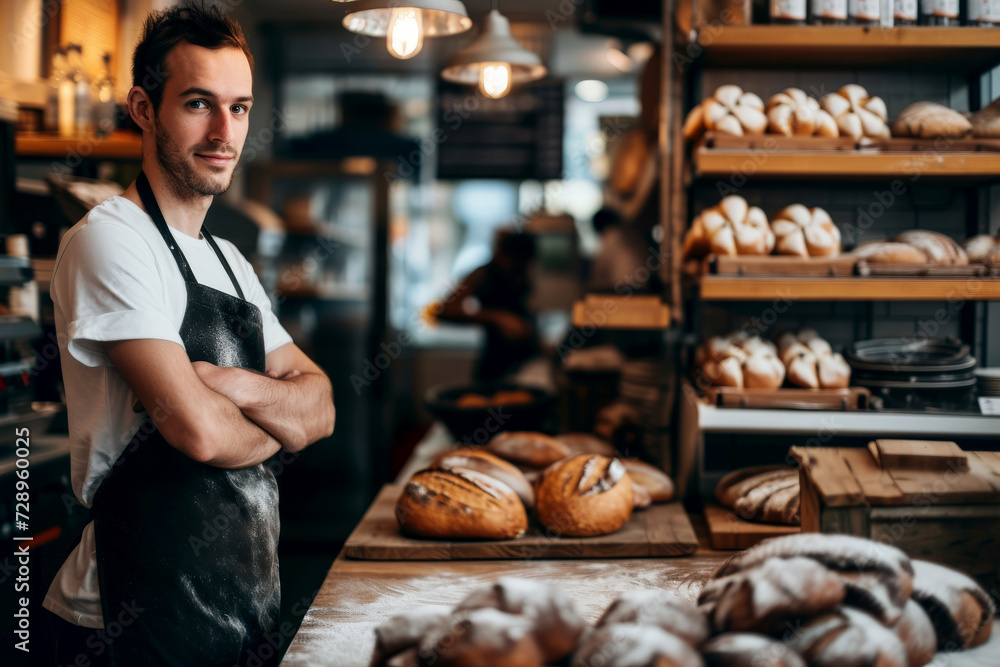baker preparing bread in a traditional bakery . banner with copy space. generative ai baker preparing bread in a traditional bakery . banner with copy space. generative ai
