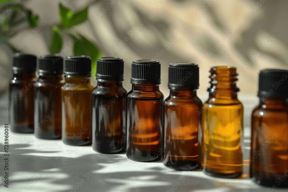 A line of amber essential oil bottles on a white surface with plant shadows in the background, illuminated by natural light. A line of amber essential oil bottles on a white surface with plant shadows in the background, illuminated by natural light.