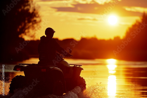 ATV run on river with view of sunset over the forest, with silhouetted background , generative ai © Phichitpon