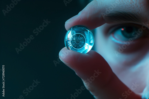 Iris recognition. Person holding contact lenses data visualization, information. AI generative
