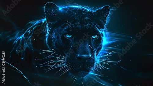 A sleek and stealthy black panther is immortalized in a holographic portrait capturing their sleek and mysterious essence. photo