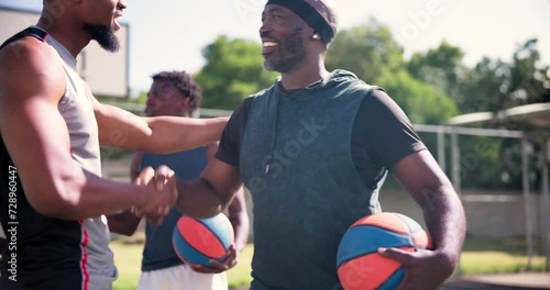 Basketball, black men and friends greeting on a court for a game and workout outdoor with fun. Handshake, playing and teamwork for match with athletes for sport with a ball for a player friendship photo