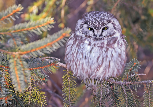Tengmalm's Owl in a fir tree surrounded by branches in the forest, Quebec, Canada