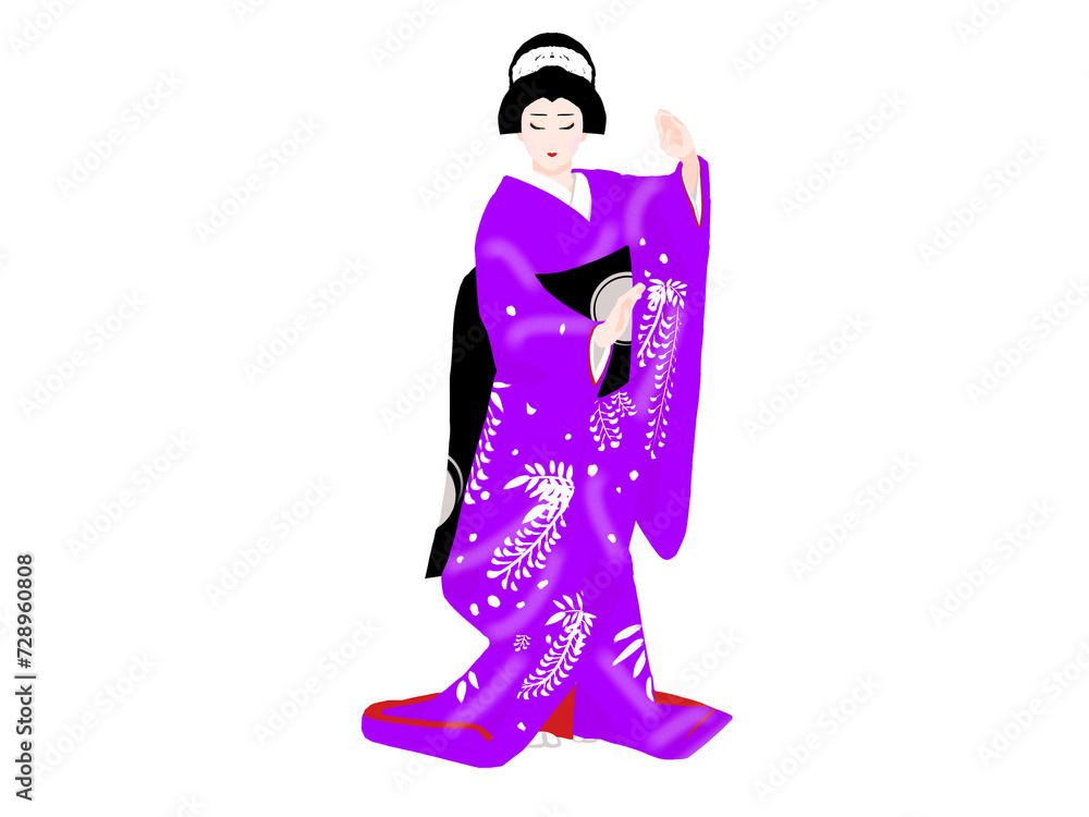 紫色の着物を着て踊る女性　png