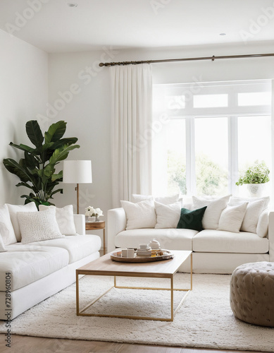 Trendy white living room with white modern decoration  simple home decor.